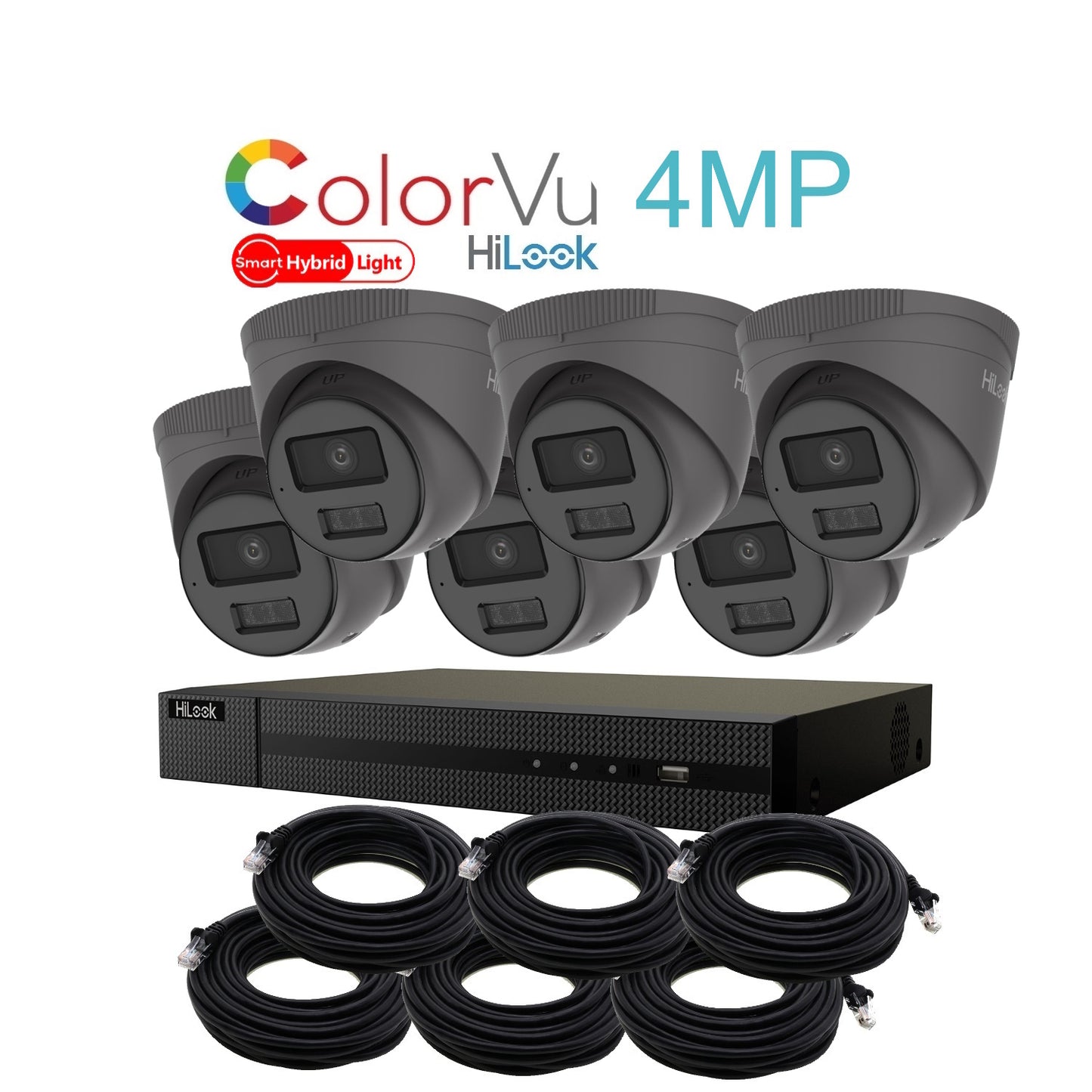 4MP HiLook Hybrid ColorVu IP POE CCTV Kit With 6 Cameras, Built-in Mic, 4TB HDD & Ready Made Cables