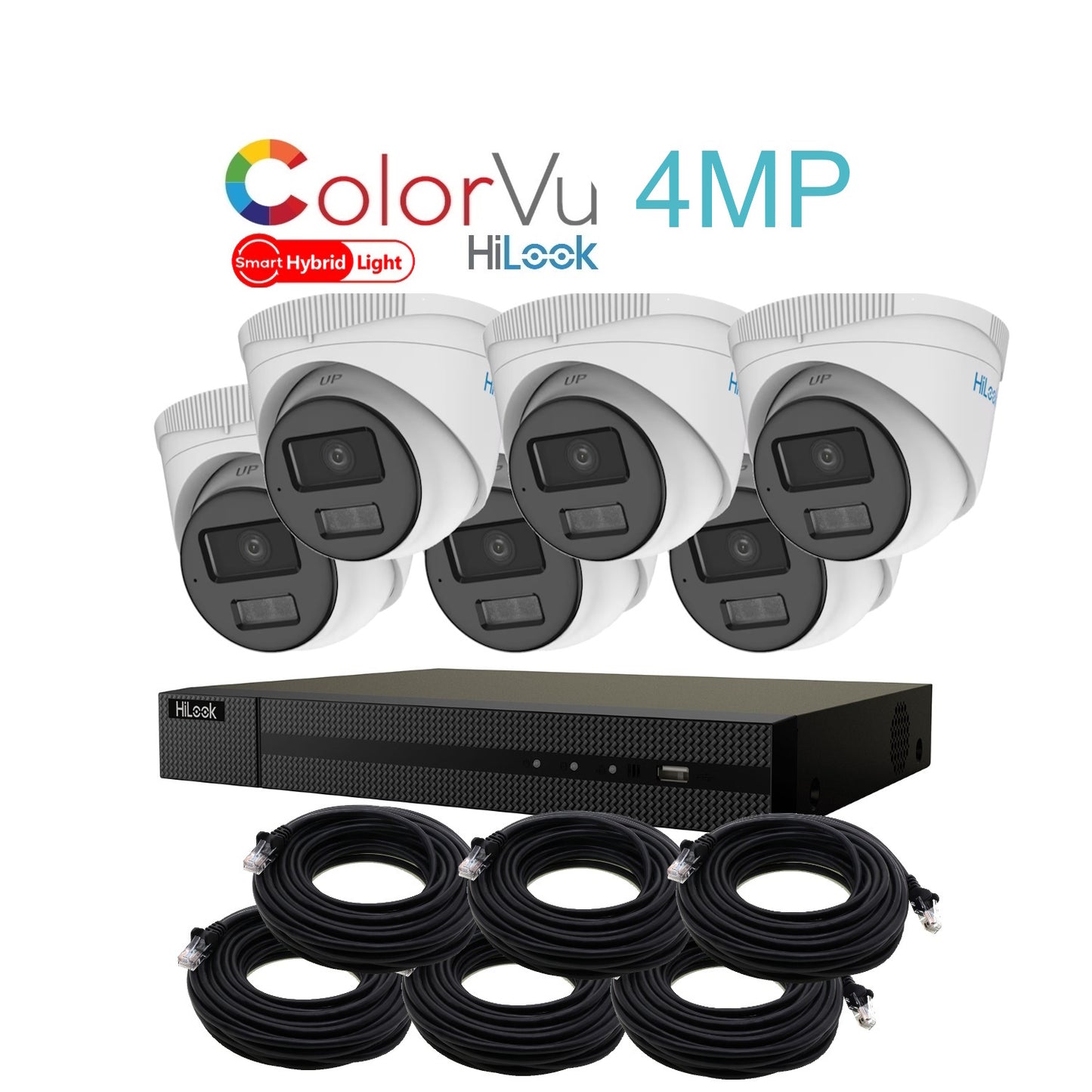 4MP HiLook Hybrid ColorVu IP POE CCTV Kit With 6 Cameras, Built-in Mic, 4TB HDD & Ready Made Cables