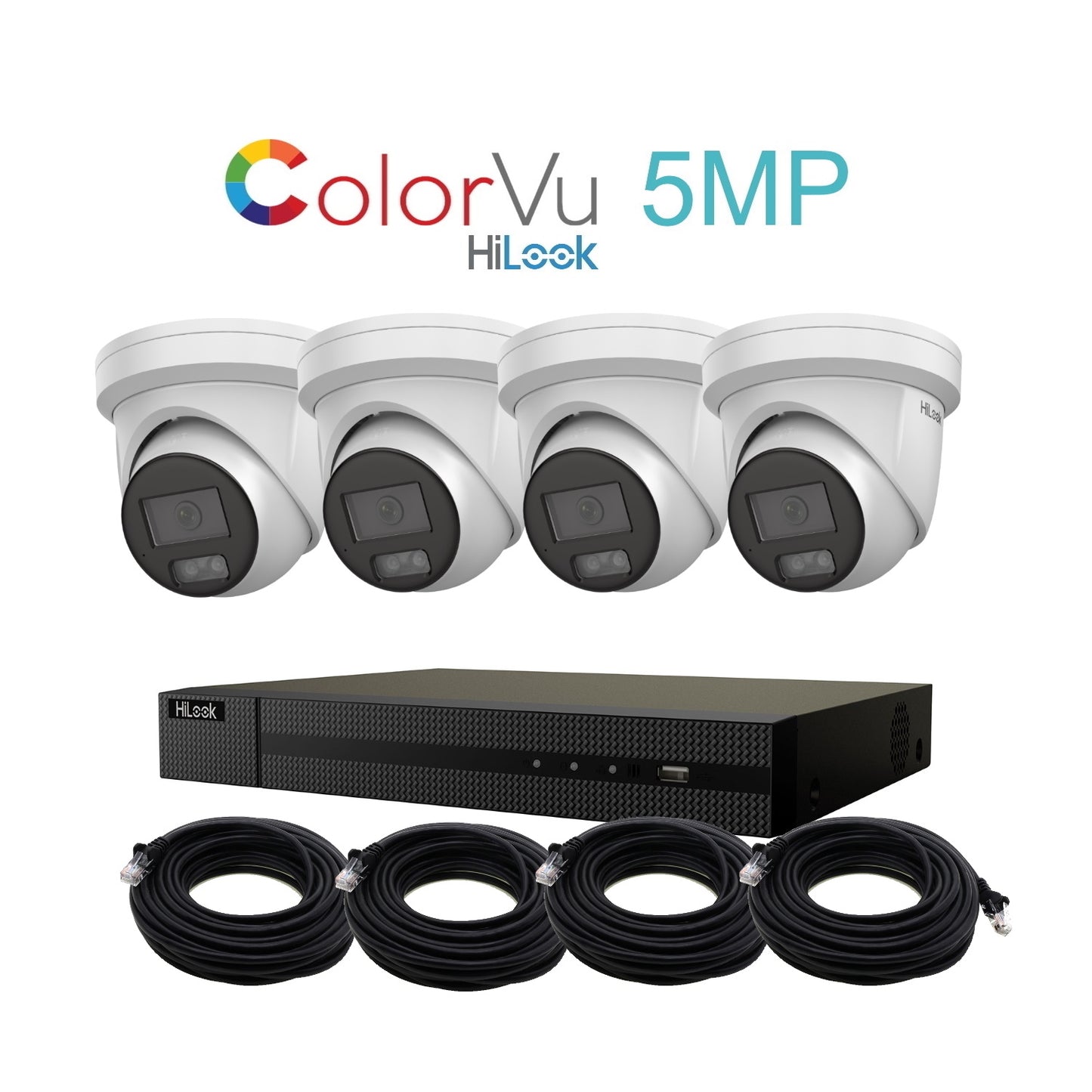 5MP HiLook ColorVu IP POE CCTV Kit With 4 Cameras, Built-in Mic, 2TB HDD & Ready Made Cables