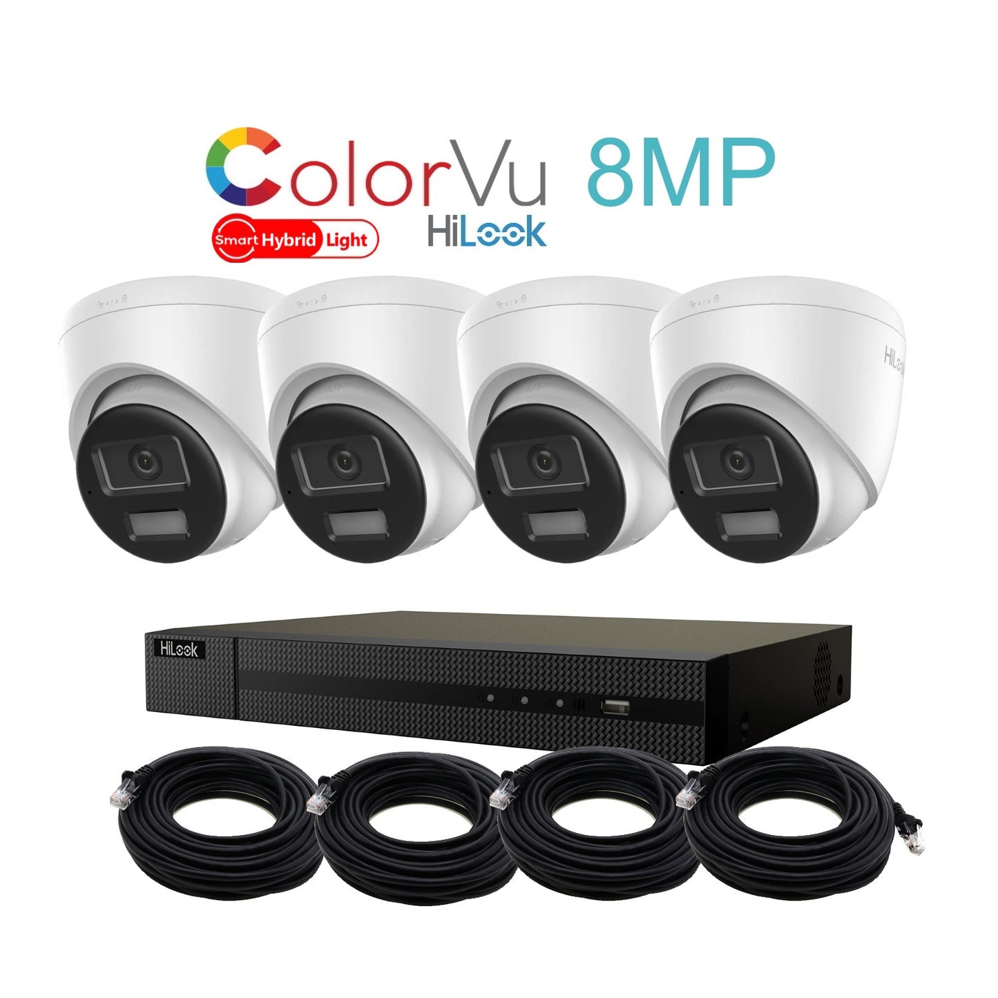 8MP HiLook Hybrid ColorVu IP POE CCTV Kit With 4 Cameras, Two-way Audio, 2TB HDD & Ready Made Cables