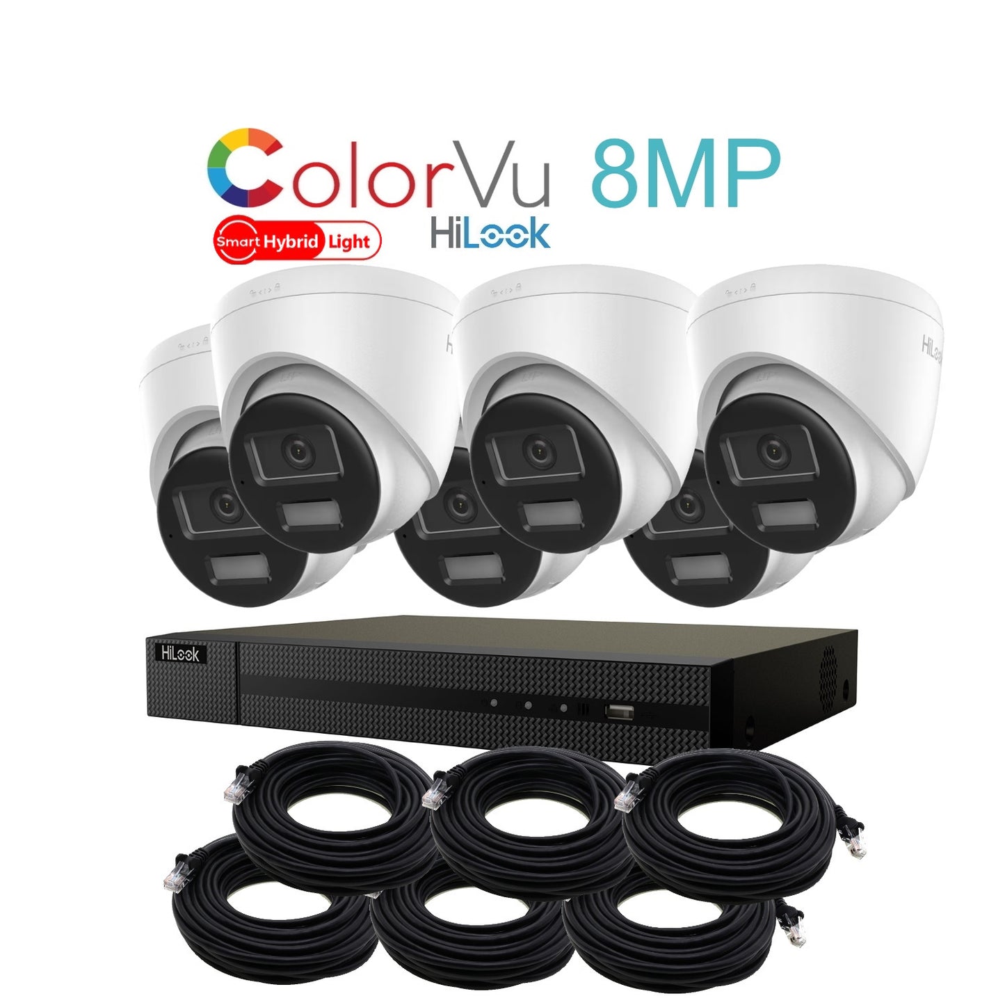 8MP HiLook Hybrid ColorVu IP POE CCTV Kit With 6 Cameras, Two-way Audio, 4TB HDD & Ready Made Cables