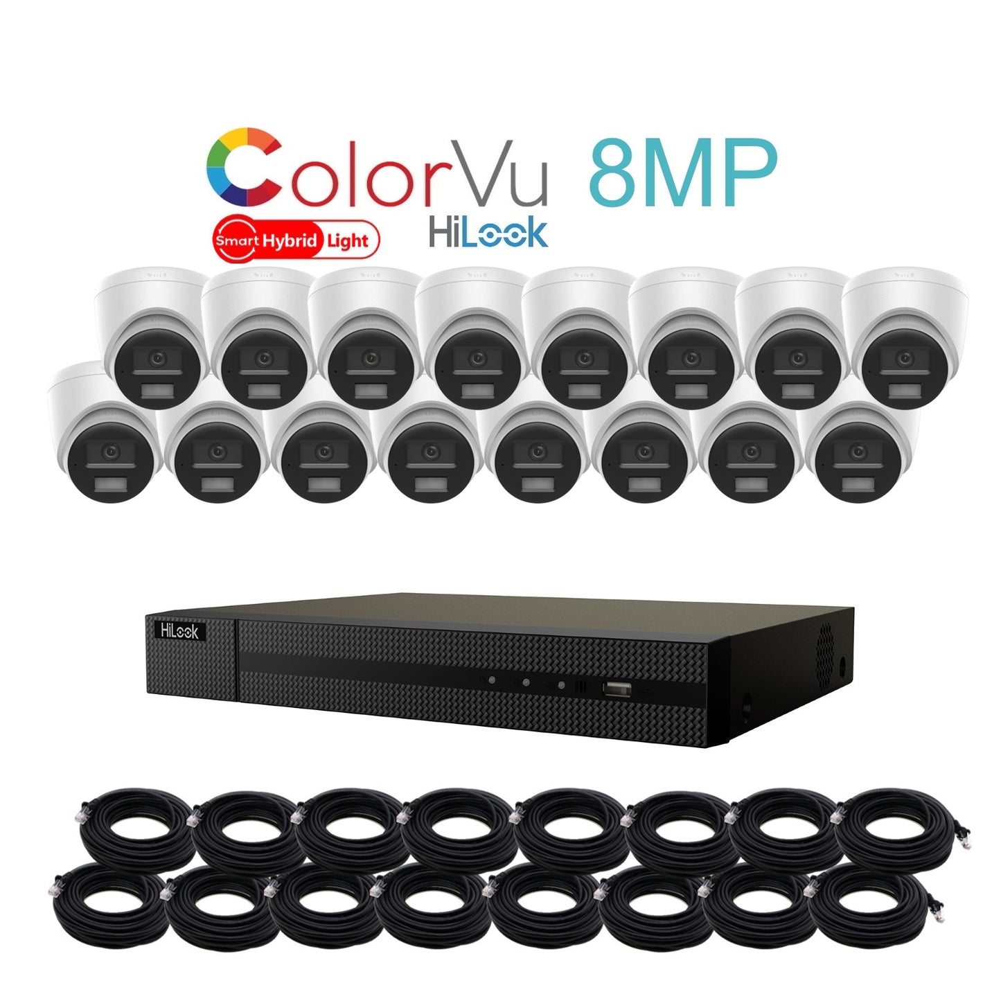 8MP HiLook Hybrid ColorVu IP POE CCTV Kit With 16 Cameras, Two-way Audio, 8TB HDD & Ready Made Cables