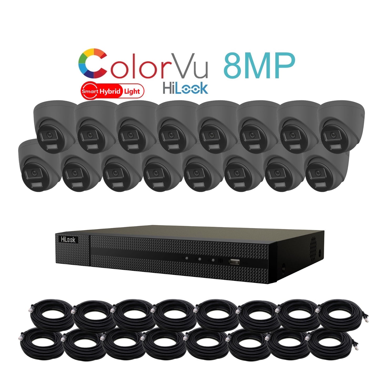 8MP HiLook Hybrid ColorVu IP POE CCTV Kit With 16 Cameras, Two-way Audio, 8TB HDD & Ready Made Cables