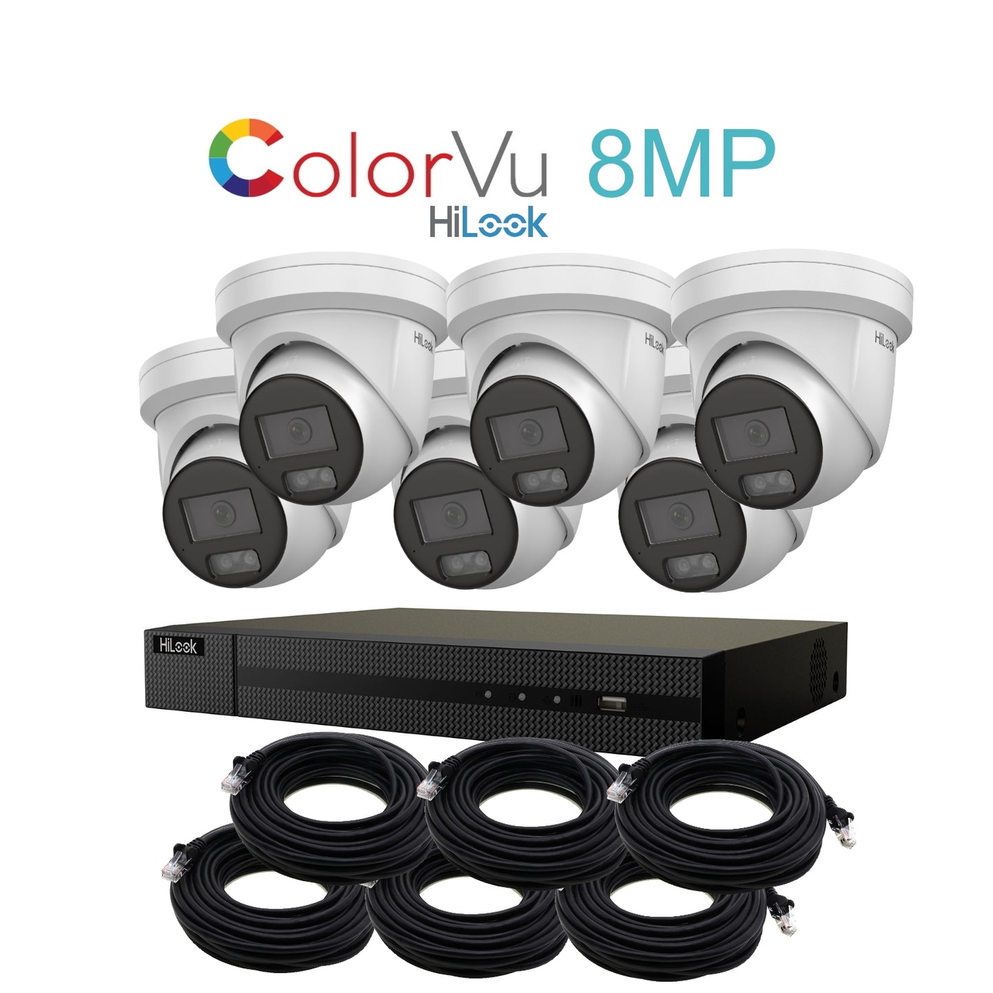 8MP 4K HiLook ColorVu IP POE CCTV Kit with 6 Cameras, Built-in Mic, 4TB HDD & Ready Made Cables