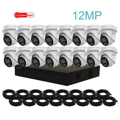 12MP HiLook Hybrid IP POE CCTV Kit With 16 Cameras, Two-way Audio, 16TB HDD & Ready Made Cables