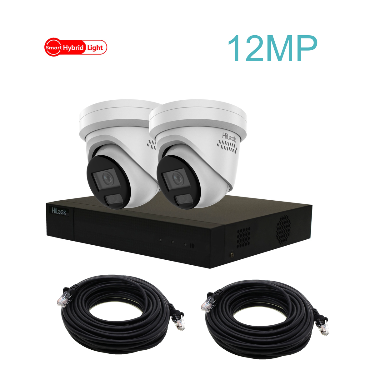 12MP HiLook Hybrid IP POE CCTV Kit With 2 Cameras, Two-way Audio, 2TB HDD & Ready Made Cables
