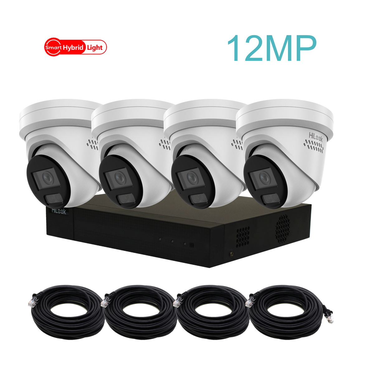 12MP HiLook Hybrid IP POE CCTV Kit With 4 Cameras, Two-way Audio, 4TB HDD & Ready Made Cables