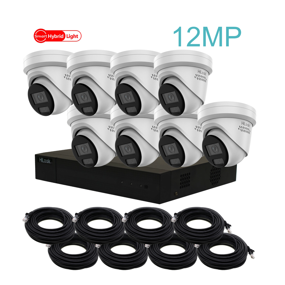 12MP HiLook Hybrid IP POE CCTV Kit With 8 Cameras, Two-way Audio, 8TB HDD & Ready Made Cables