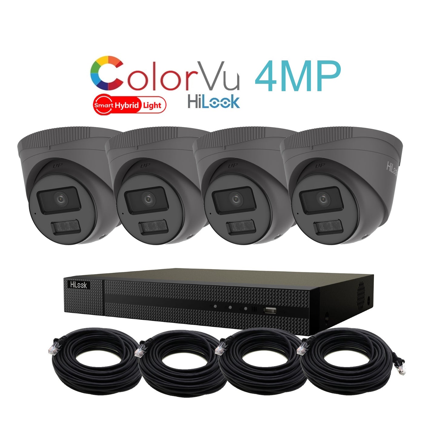 4MP HiLook Hybrid ColorVu IP POE CCTV Kit With 4 Cameras, Built-in Mic, 2TB HDD & Ready Made Cables