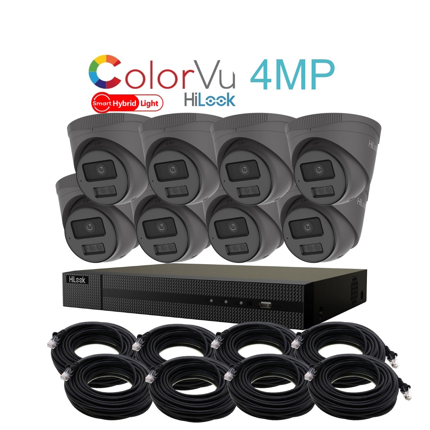 4MP HiLook Hybrid ColorVu IP POE CCTV Kit With 8 Cameras, Built-in Mic, 4TB HDD & Ready Made Cables