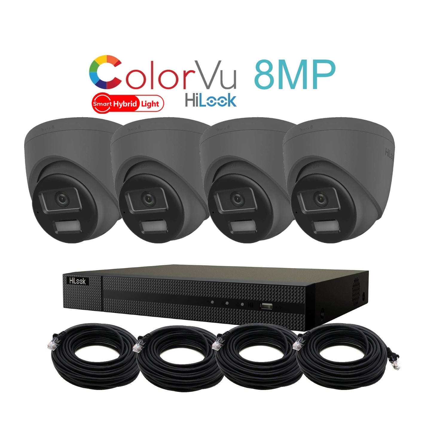 8MP HiLook Hybrid ColorVu IP POE CCTV Kit With 4 Cameras, Two-way Audio, 2TB HDD & Ready Made Cables