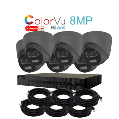 8MP HiLook Hybrid ColorVu IP POE CCTV Kit With 6 Cameras, Two-way Audio, 4TB HDD & Ready Made Cables