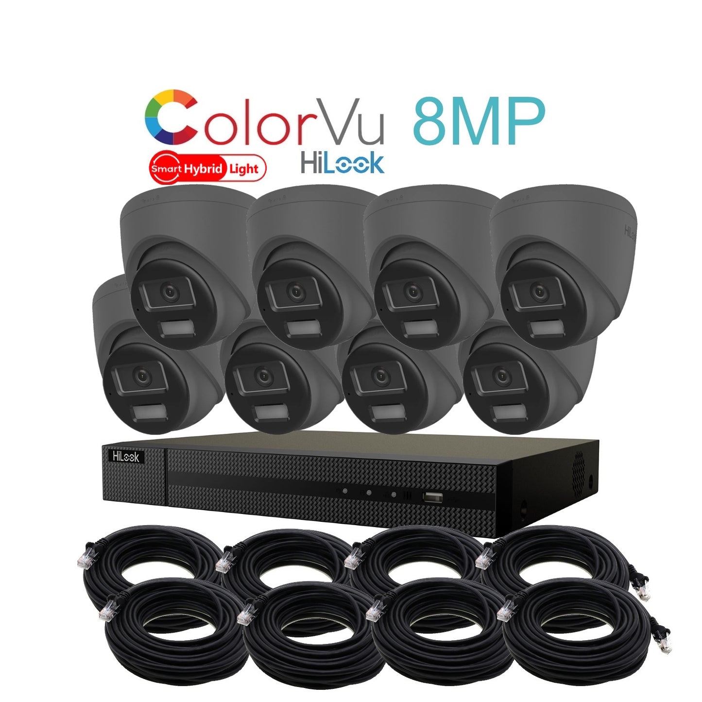 8MP HiLook Hybrid ColorVu IP POE CCTV Kit With 8 Cameras, Two-way Audio, 4TB HDD & Ready Made Cables
