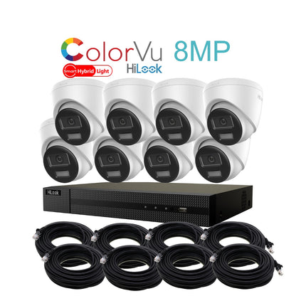 8MP HiLook Hybrid ColorVu IP POE CCTV Kit With 8 Cameras, Two-way Audio, 4TB HDD & Ready Made Cables